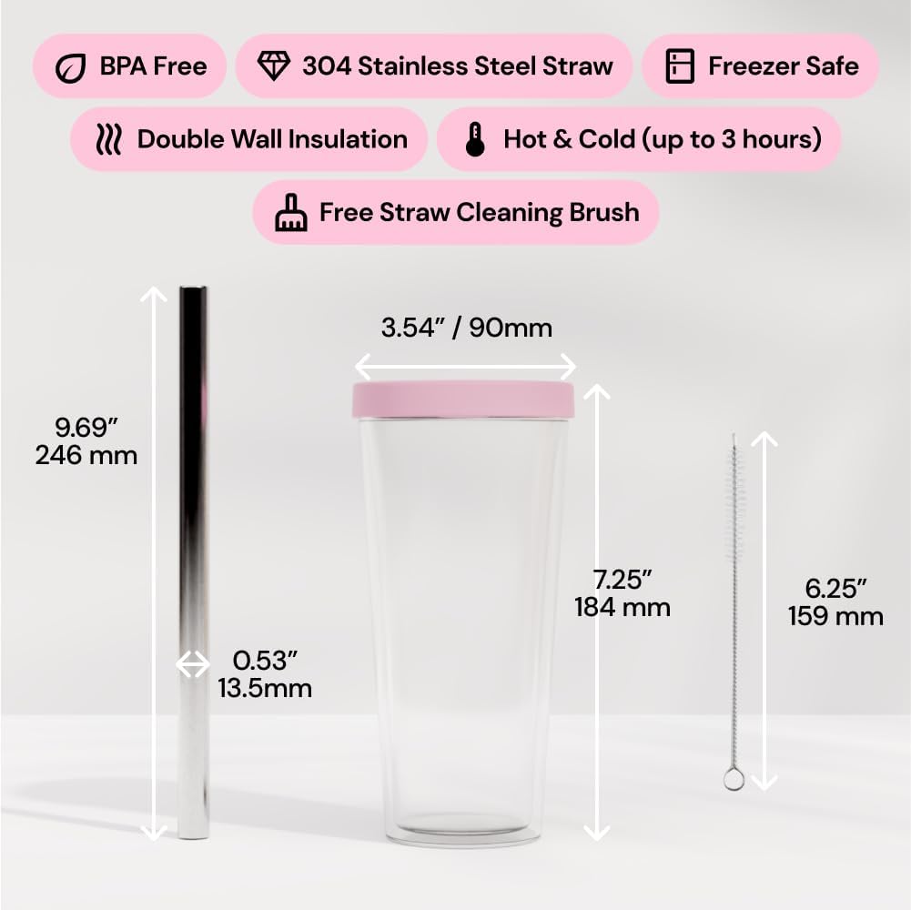 Dodoko Reusable Boba Cup and Straw Boba Tea Cup Bubble Tea Cup Reusable Iced Coffee Cup Cold Coffee Cup Smoothie Cup with Lid and Straw Smoothie Cup to go Smoothie Tumbler 17 oz - Bubble Pink