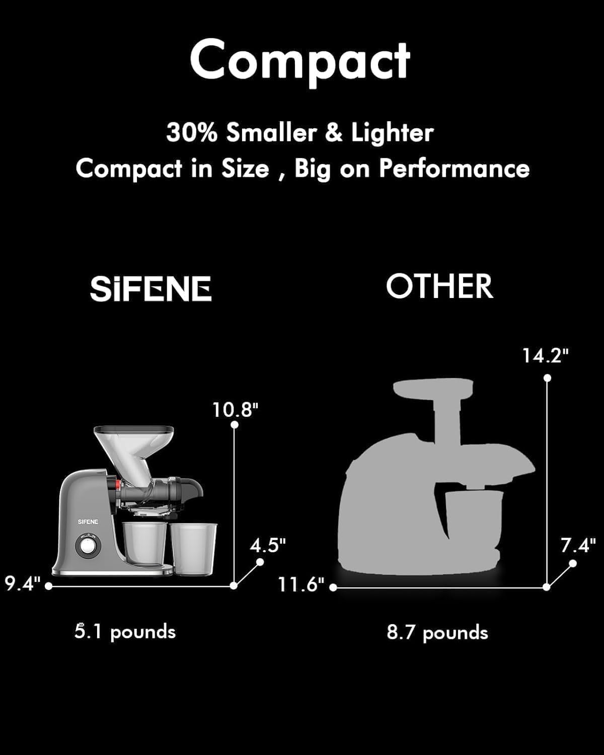 SiFENE Cold Press Juicer Machine, Compact Single Serve Slow Masticating Juicer, Vegetable and Fruit Juice Extractor Maker Squeezer, Easy to Clean, Non-BPA, Grey