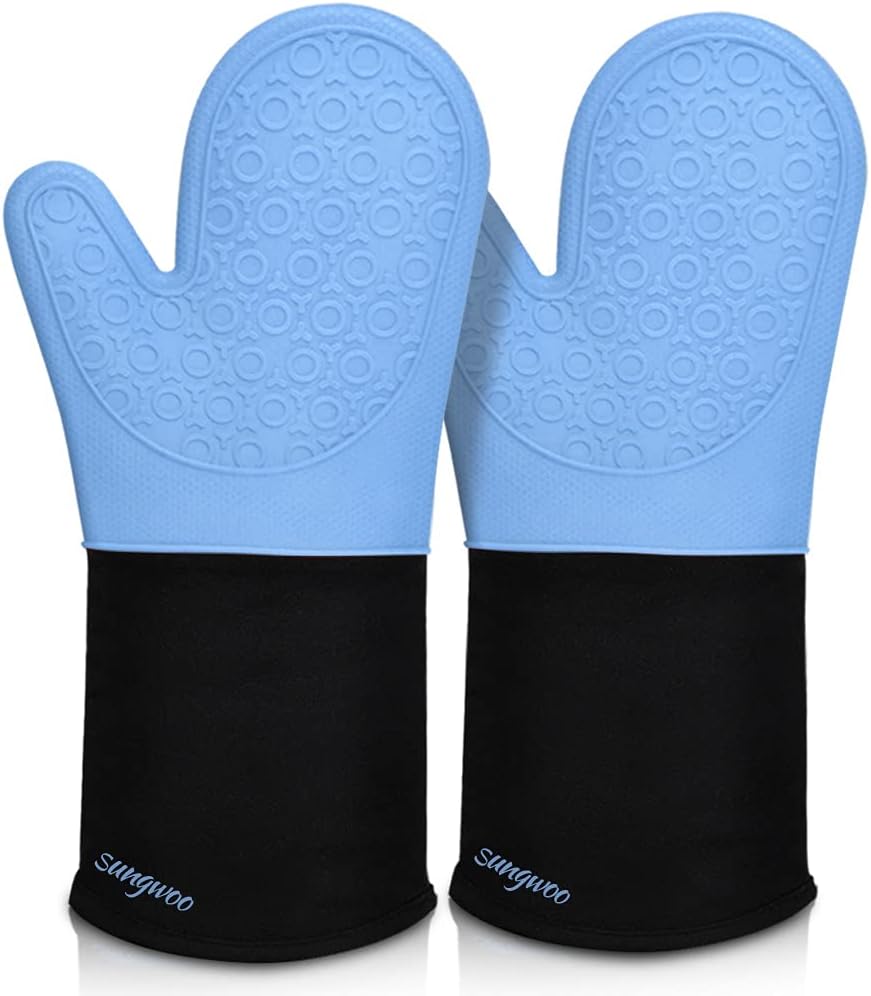 sungwoo Extra Long Silicone Oven Mitts, Heat Resistant Oven Gloves with Quilted Liner Non-Slip Textured Grip Perfect for BBQ, Baking, Cooking and Grilling - 1 Pair 14.6 Inch Sky Blue & Black