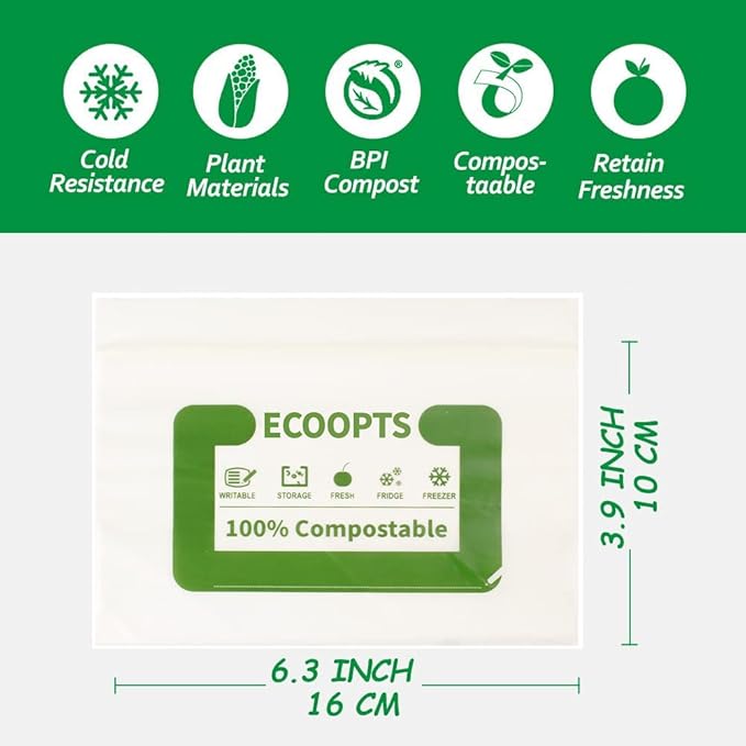 100% Compostable Snack Zip Bag | ECO-Friendly Small Storage Bags | Freezer Bag | Plant-Based BPA-free | Seal well for Cookie, Chips and Snack (2, Small)