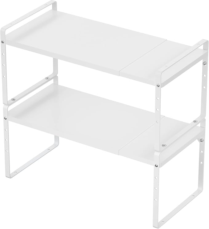SANNO Expandable Kitchen Shelf Organizers, Cabinet Cupboard Storage Shelf Rack,Stackable Counter Shelf Organizer Space Riser Pantry Cupboard Storage Rack, White, 2 Pack