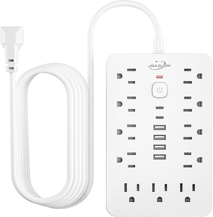 5 FT Flat Plug Surge Protector Power Strip,11 Multiple AC Outlets with 6 USB Ports (2 USB C), 5 Feet Extension Cord, 1250W/10A, One Touch Switch Button, 17 in 1 Compact powerstrip-White