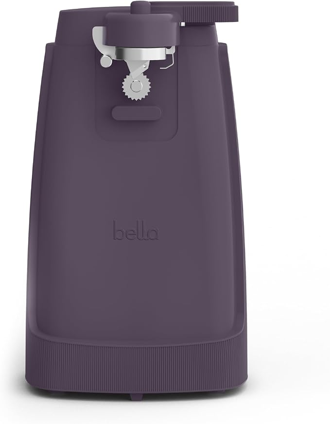 bella Electric Can Opener and Knife Sharpener, Multifunctional Jar and Bottle Opener with Removable Cutting Lever and Cord Storage, Stainless Steel Blade, Plum