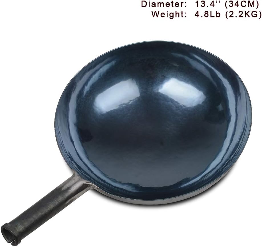 臻三环 ZhenSanHuan Chinese Hand Hammered Iron Woks and Stir Fry Pans, Non-stick, No Coating, Carbon Steel Pow (34CM, Blue Black - Seasoned)