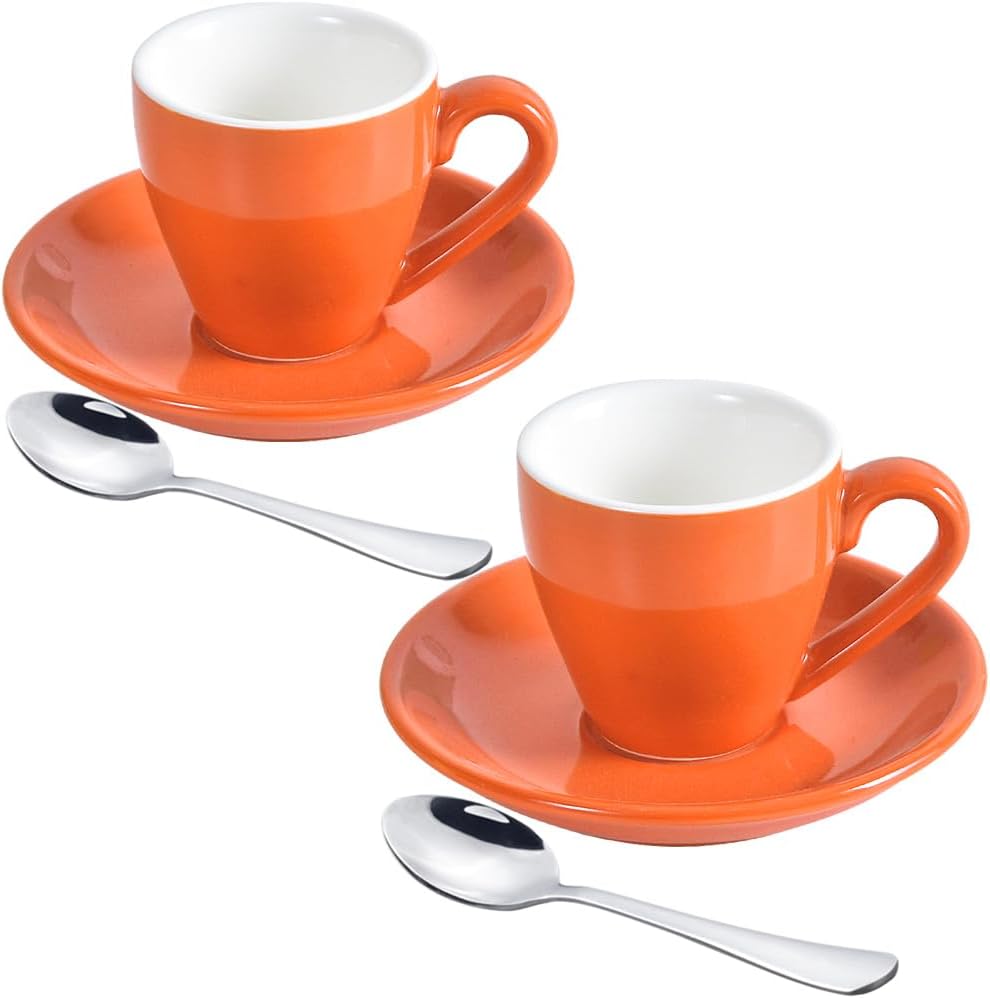 Porcelain Espresso Cup with Saucer And Stainless Steel mini Spoons, Espresso shot Cup, 80ml/2.7Oz, Pack of 2, Orange