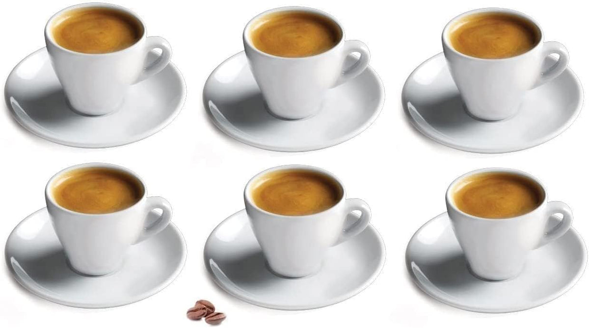 CUISINOX Italian Classic White Porcelain Espresso Cups and Saucers – Set of 6, 2 oz – Coffee Cups for Espresso Shots, Cappuccino, Latte – Perfect for Home and Coffee Bar Accessories
