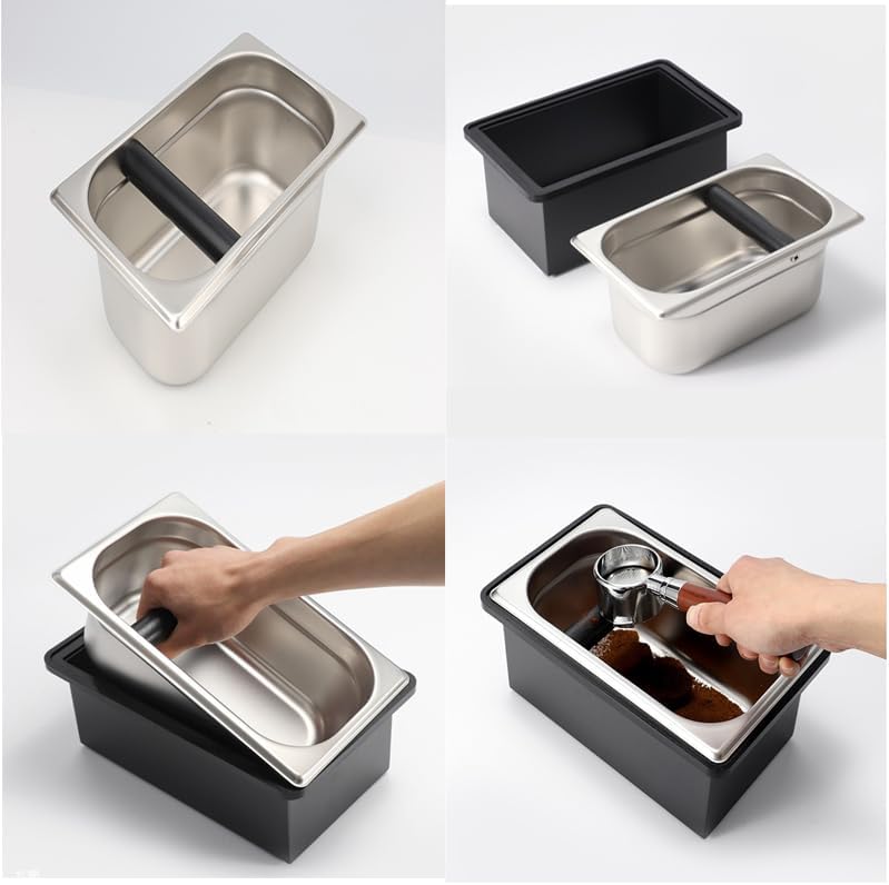 Coffee Knock Box, Stainless Steel Coffee Espresso Knock Box Coffee Grounds Bin with Noise Reduction Rubber Ring, Barista Espresso Machine Accessories (Large)