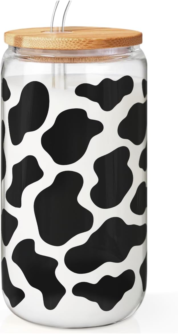 SANDJEST Cow Glass Can, Cow Prints Cup with Lid & Straw, Iced Coffee Aesthetic Cups, Idea Gift for Christmas Birthday Mother Day, Gifts for Women, 16oz
