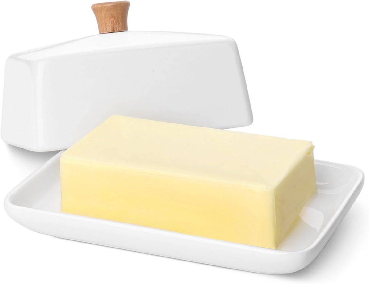 Flexzion Ceramic White European Butter Dish with Lid for Countertop (8 Inch) - Wide 2 Stick Double Butter Holder for Counter, Cream Cheese Container Storage Keeper