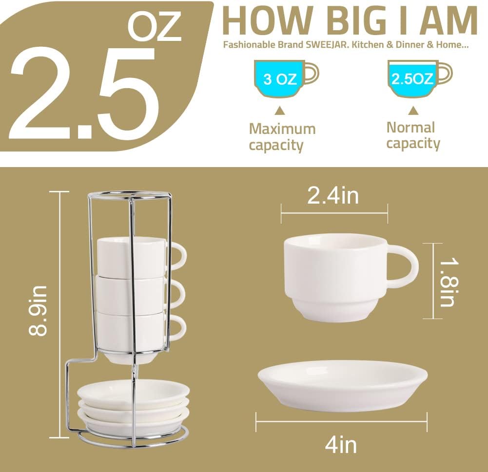 Sweejar Porcelain Espresso Cups with Saucers, 2.5 Ounce Stackable Cappuccino Cups with Metal Stand for Coffee Drinks, Latte, Tea - Set of 4 (Red)