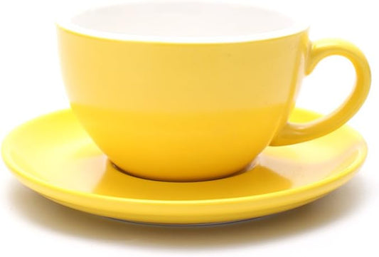 Ceramic Latte Art Cup and Saucer for Cappuccino & Manual Brew Coffee, New Bone China, Mate for Coffee Shop and Barista (Matte Yellow, 8.5 oz)