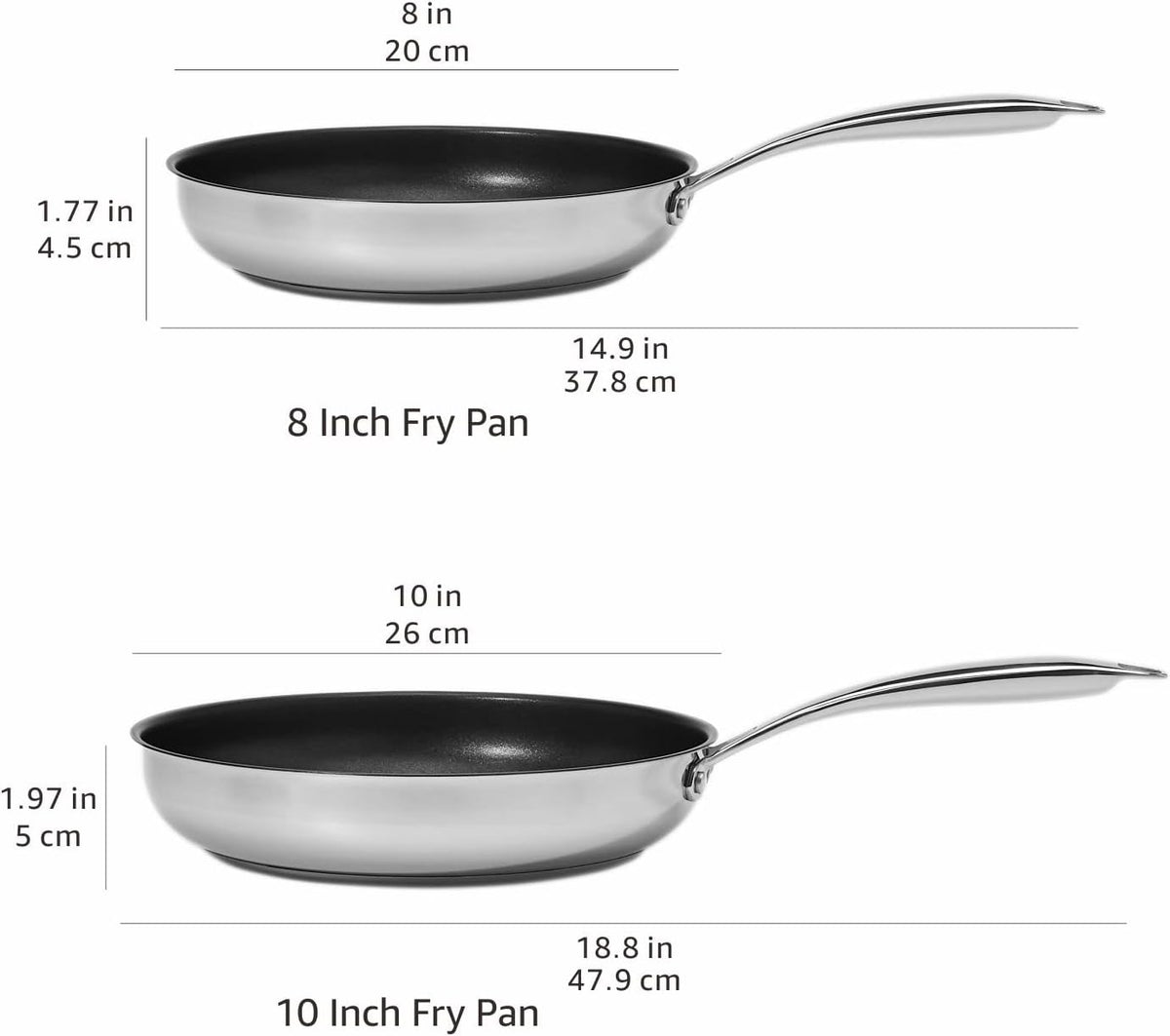 Amazon Basics 2-Piece Non-Stick Stainless Steel Fry Pan Set, Oven and Induction Safe, 10-Inch and 8-Inch