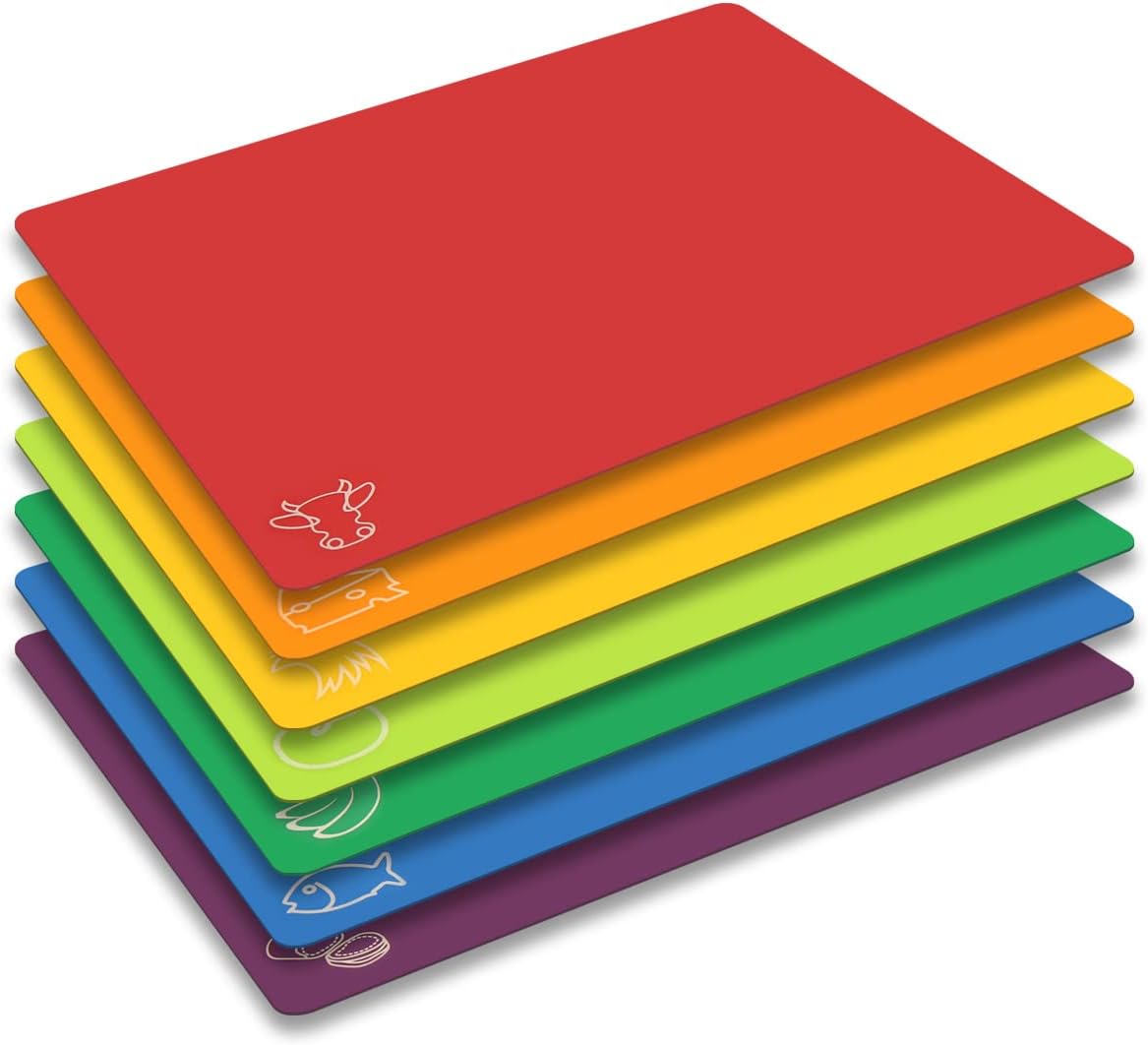 Cutting Board Mats Flexible Plastic Colored Mats with Food Icons, Fotouzy BPA-Free, Non-Porous, Anti-skid back and Dishwasher Safe, Set of 7 Rainbow - 7 Pieces