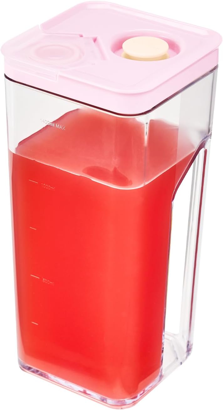 Premium Airtight Water Pitcher ROSE Pink lid, 1.4L(1.48qt) 1pcs, Airtight seal and Vacuum, Leak-free, BPA-free