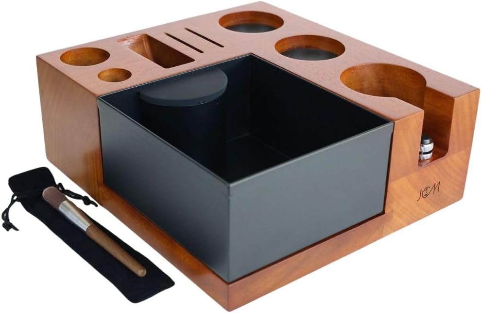 Espresso Knock Box & Tamping Station - Coffee Organizer Box for 51-54mm Tamper, Distributor, Dosing Funnel, Portafilter & Puck Screen Accessories - Includes Cleaning Brush