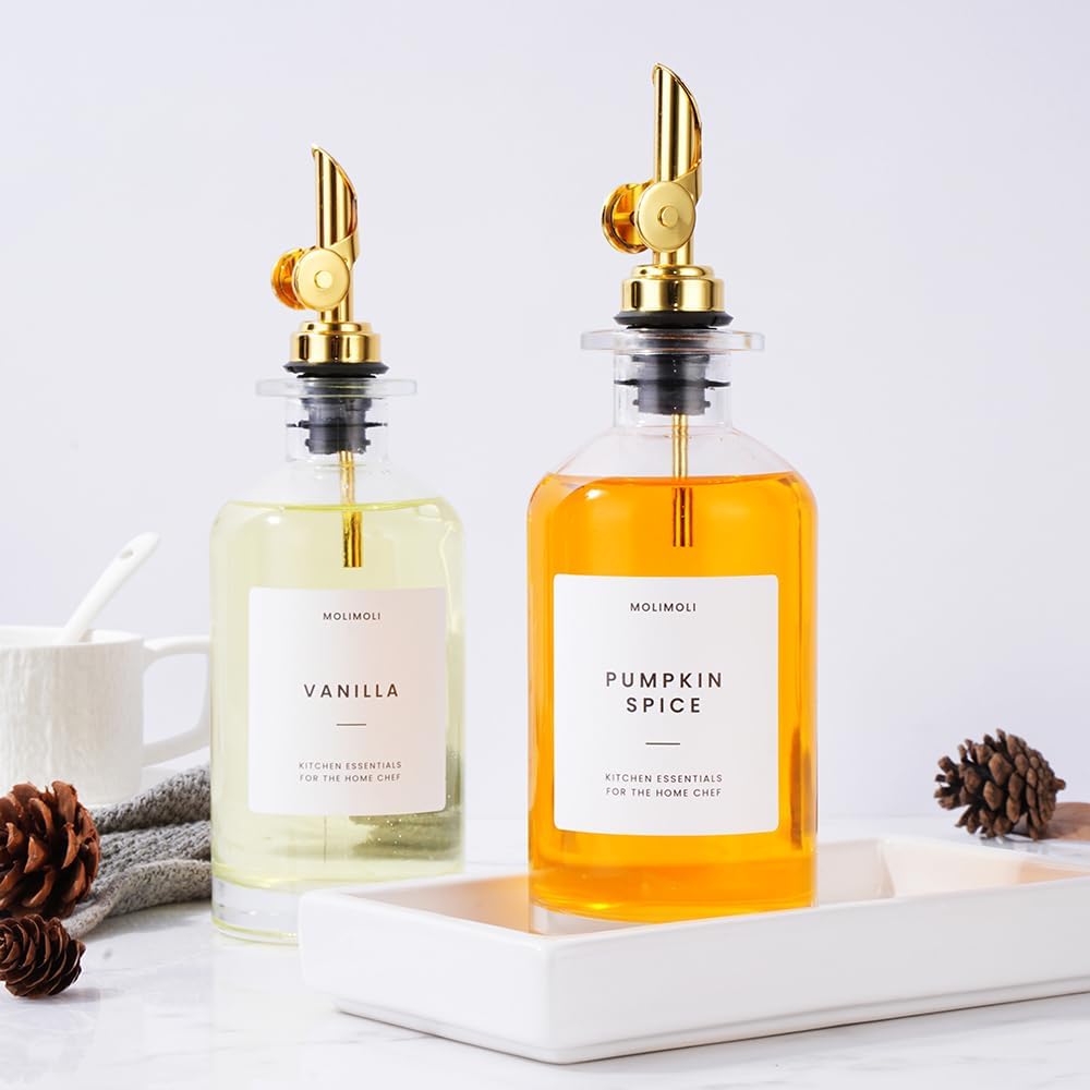 Molimoli Olive Oil Dispenser Bottle for Kitchen, Coffee Syrup Dispenser w. Weighted Pourer, Glass Bottle Dispenser for Kitchen with Ceramic Tray | Gold, 350ml, Set of 2