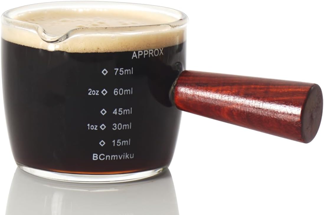 1 Pack Espresso Shot Glass 75ML Triple Pitcher Barista Single Spouts With Wood Handle By BCnmviku