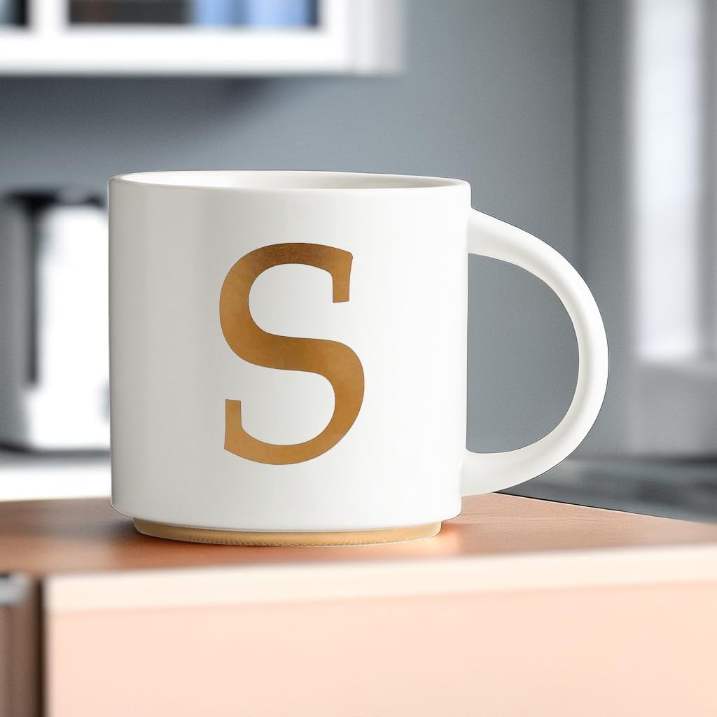 COLLECTIVE HOME - Monogram Ceramic Mugs, 15 oz Golden Initial Coffee Cups, Elegant Alphabet Tea Mugs, Elegant Personalized Mug with Gift Box, Unique Mug with Double Side Capital Letter (S)