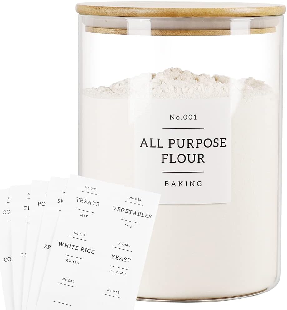 Large Glass Storage Jars With Airtight Bamboo Lid - 100 Fl Oz Thicken Kitchen Glass Food Storage Canister With 42 Pantry Labels - Big Clear Flour And Sugar Containers Farmhouse