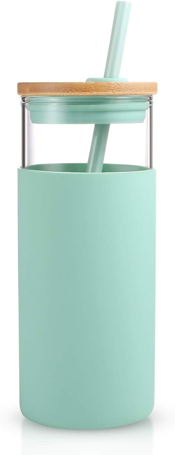 Tronco 20oz Glass Tumbler Glass Water Bottle Straw Silicone Protective Sleeve Bamboo Lid - BPA Free (Midnight Green/ 1 Pack)