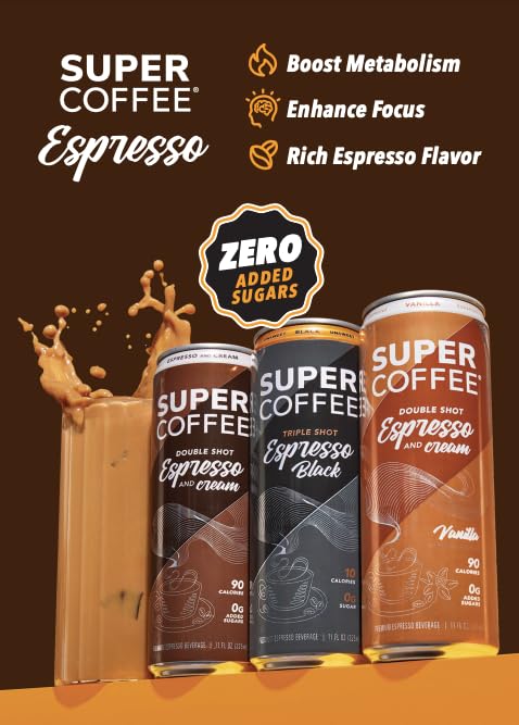 SUPER COFFEE Espresso, Iced Keto Coffee (0g Added Sugar, 90 Calories) [Vanilla] 11 Fl Oz, 12 Pack | Smart Coffee Drink - SoyFree GlutenFree