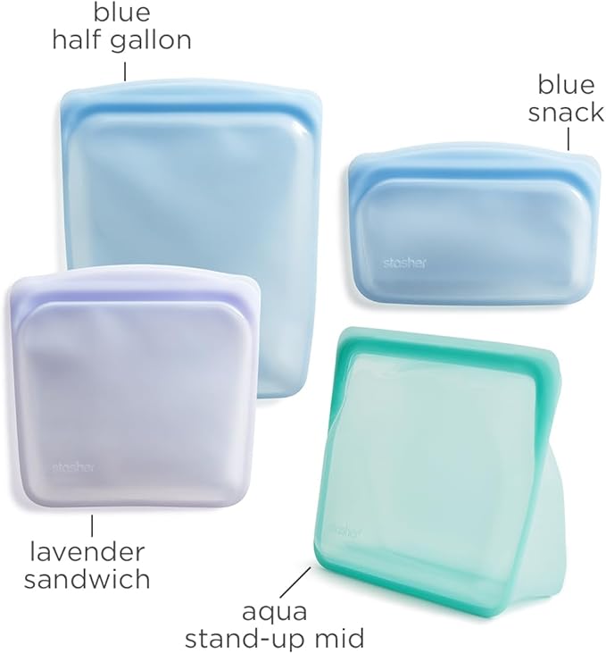 Stasher Premium Silicone Reusable Food Storage Bags, 4-Pack, Multi, Multi-Use Food Storage Bags, Lunch Bag, Travel Containers, BPA Free, Leak-free, Dishwasher-Safe, Eco-friendly