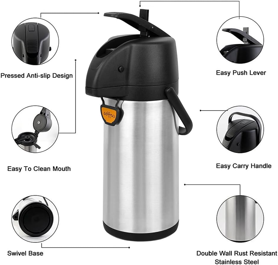 Airpot Coffee Dispenser Thermal with Pump,2.5L/85 Oz Insulated Stainless Steel Large Airpot Coffee Carafe Lever Action for Hot/Cold Water,Thermal Carafes for Hot Cocoa for Parties