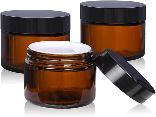 1 oz Glass Jars with Lids,3 Pack Clear Small Glass Cosmetic Jars with Lids,60 ml Empty Glass Makeup Containers for Sample, Cream, Lotion,Powder (1 OZ, Amber)
