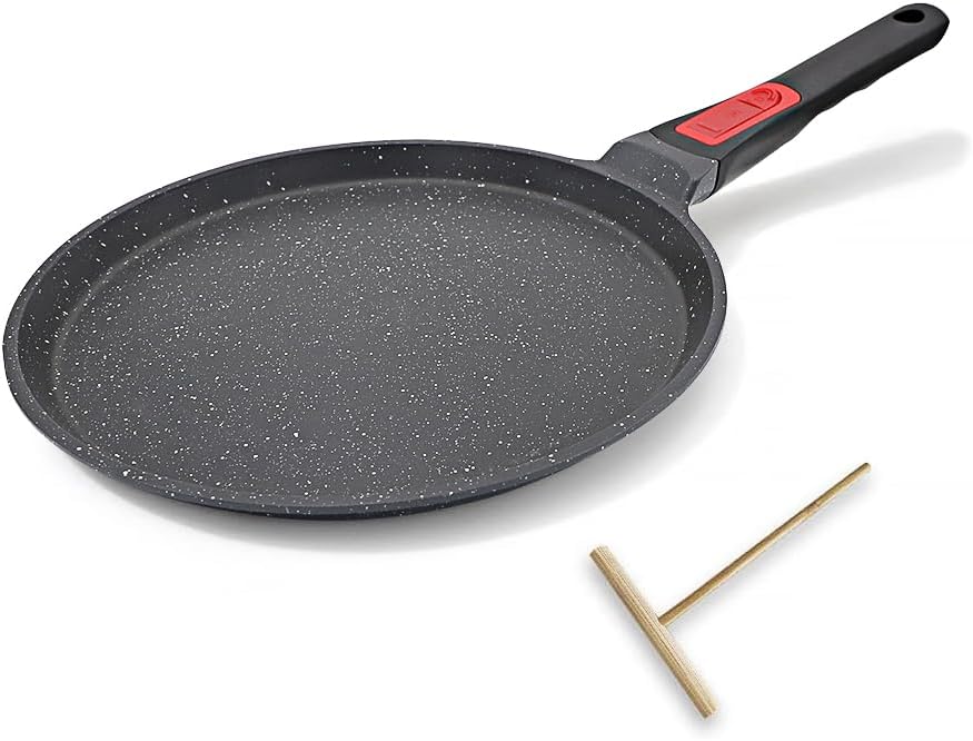 Non Stick Crepe Pan with Detachable Handle, 8 Inch Cast Aluminium Dosa Tawa Tortilla Pan, Pancake Pan Induction Compatible - Black