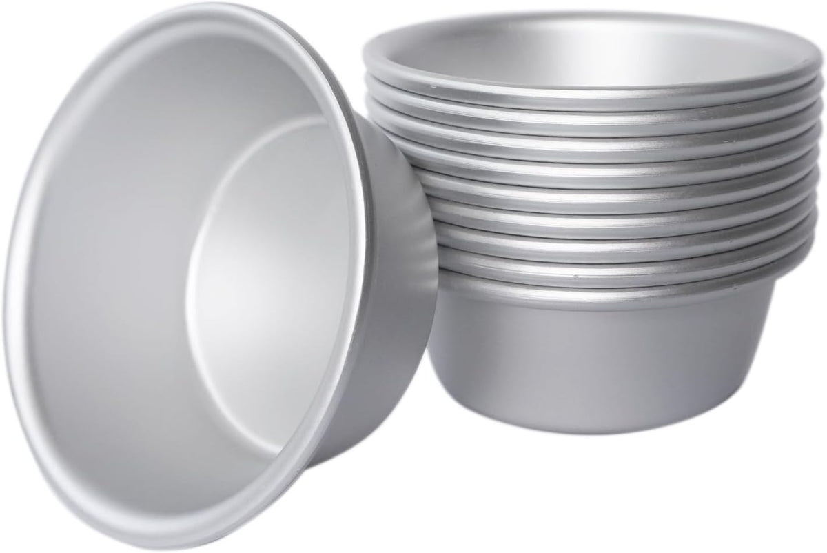 Aluminum Alloy Tart Pan, 3 Inch Cute Flan Mold, 10 Pieces Egg Tart Molds for Baking Pastel de Nata, Pie, Tartlet, Popover - Silver Tin