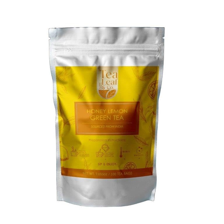 Tealeaf & Co. Honey Lemon Green Tea with Lemon & Honey Extract, Lemongrass, Licorice & Chamomile - Organic Green Tea Bags with Fresh Herbs and Spices - 100 Teabags (7.055oz/200gm)