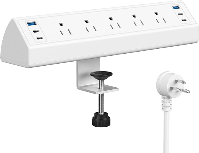 Jgstkcity Desk Clamp Power Strip USB C,40W Total Fast Charging Station,4 PD 20W USB C Ports,Desk Edge Mount Surge Protector,5 Outlets,Fit 1.96" Tabletop Edge,ETL Listed,White