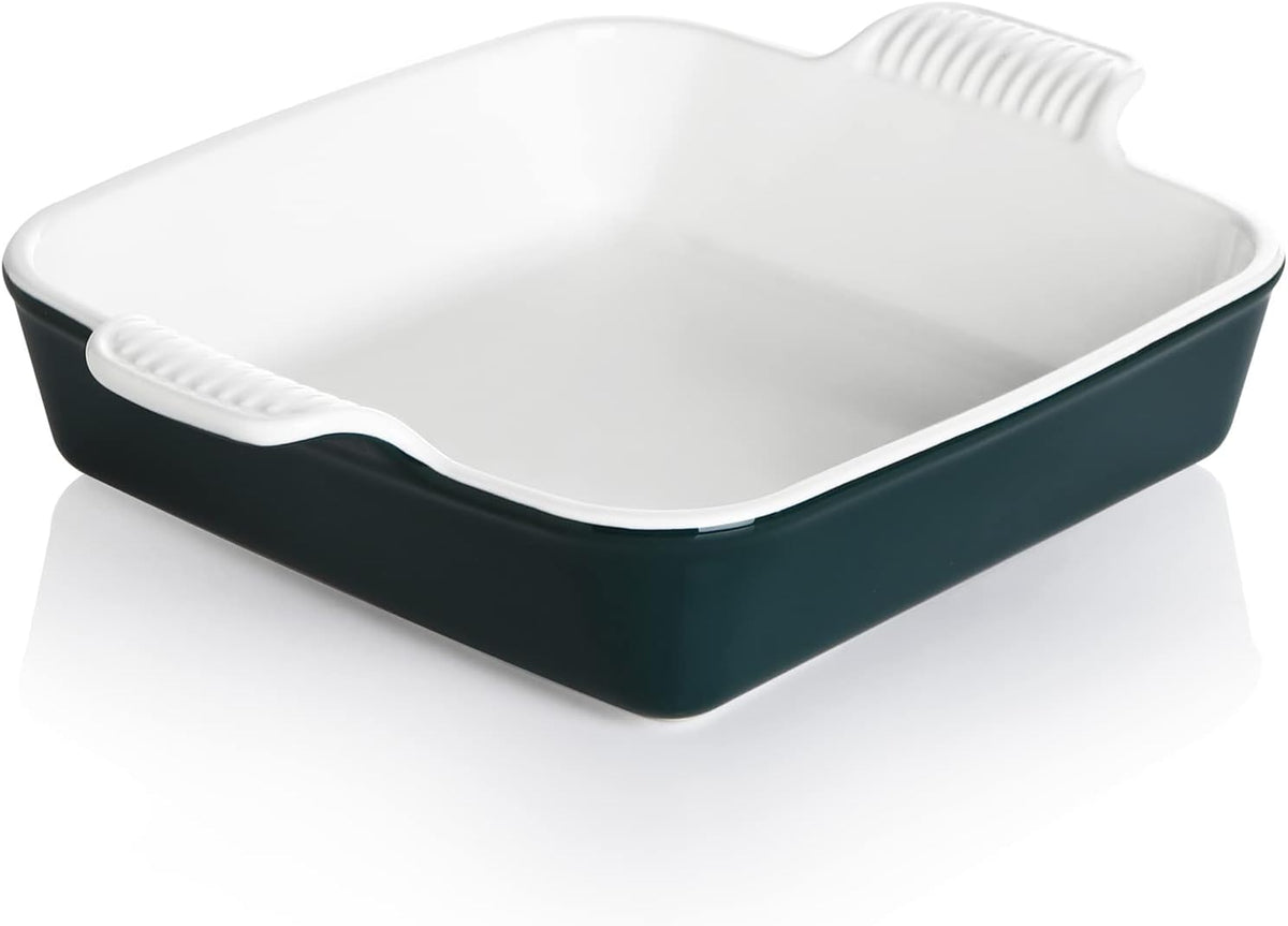 Sweejar Ceramic Baking Dish, 9 x 9 Cake Baking Pan for Brownie, Porcelain Square Bakeware with Double Handle for Casserole, Lasagna, Family Dinner (Jade)