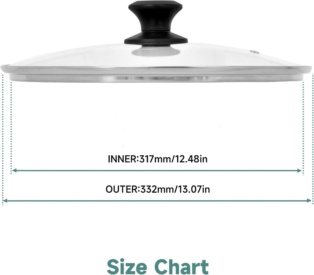 13 In Glass Lid for Frying Pan, Tempered Replacement Cover Compatible with All 13 inches Cookware for Skillets, Round Cast Iron, Cast Aluminium, Stainless Steel Pans &Pots, Black