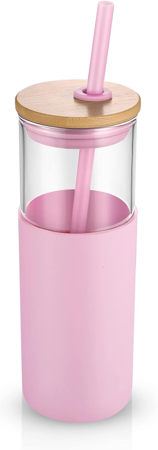 Tronco 24 oz Glass Tumbler with Straw and Lid - Glass Cup with Lid and Straw, Smoothie Cup, Iced Coffee Cup - Bamboo Lid and Protective Silicone Sleeve - BPA-Free