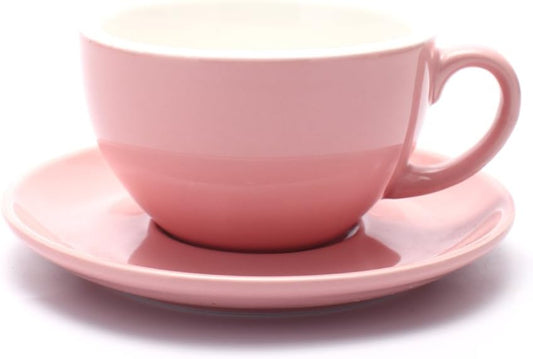 Barista Speciality Coffee Cup and Saucer, Small Cappuccino or Double Espresso Ceramic Cups (Glossy Pink, 5 oz)
