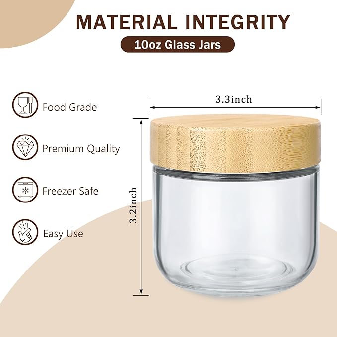 OcePor 6 Pack 10oz Glass Jars with Bamboo Lids, Over Night Oats Container with Airtight Lid, Glass Snack Storage Salad Jars For Food, Yogurt, Sugar and Flour,Coffee Bean, Cookie, Cereal