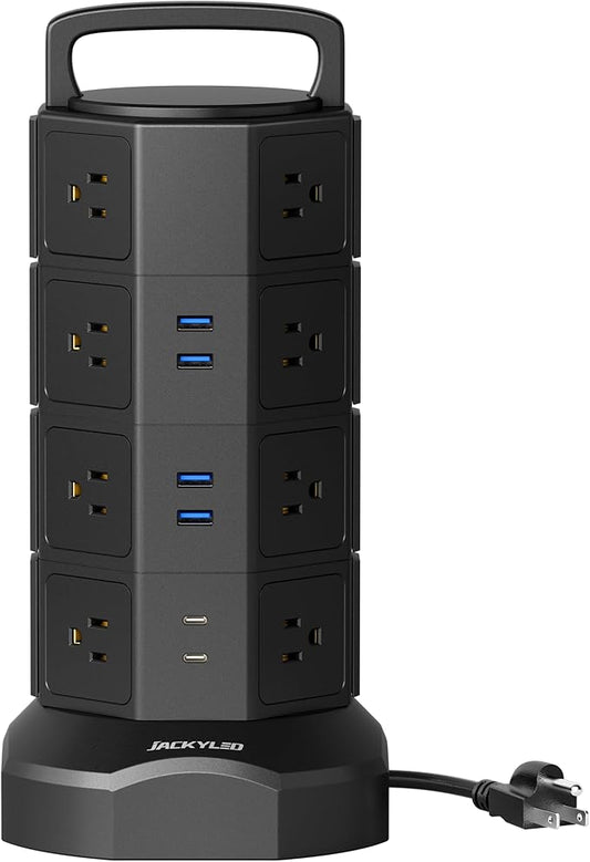 Power Strip Tower Surge Protector, JACKYLED 16 Outlets 6 USB (2 USB C) Charging Station, Extension Cord with Multiple Outlets, 1050J 1625W/13A Outlet Extender 6.5ft Extension Cord for Home Office
