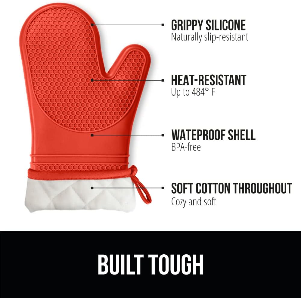 GORILLA GRIP BPA-Free Soft Silicone Oven Mitts, Heat Resistant and Waterproof Cooking Gloves, Thick Cotton Lining, Flexible Gripping for Baking Grilling, Kitchen Potholders Set of 2, 12.5x8.3, Coral