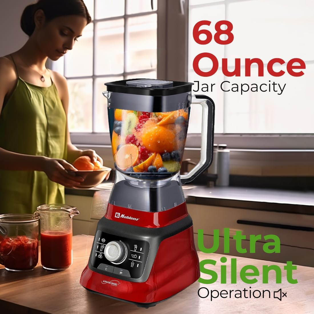 Koblenz Bob Blender, Countertop with Reversible motor, Speed Knob and 6 Functions, 1400-watt Motor, 68 oz. Capacity, Super Silent Operation, Includes 1 To-Go Cup and Tamper, Black/Red, LKM-9608