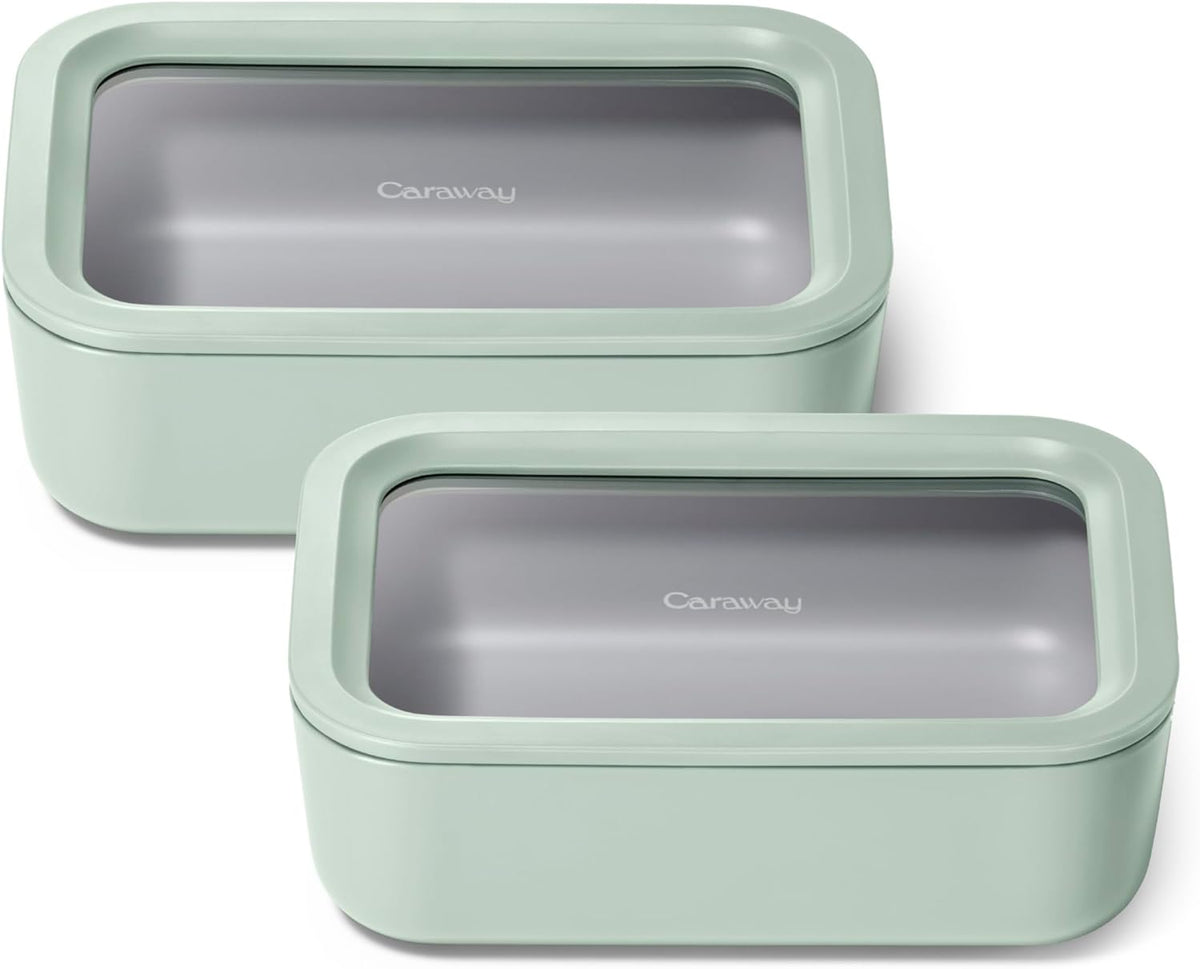 Caraway 2pc Glass Food Storage Set - 6.6 Cup Food Containers (2) - Ceramic Coated - Non Toxic, Non Stick Lunch Box with Lids. Dishwasher, Oven, & Microwave Safe - Mist