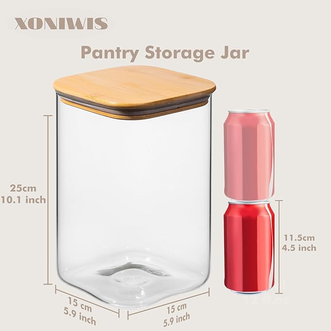 1.2 Gallon (148oz) 2PCS Large Glass Food Storage Containers, Wide Mouth Storage Containers with Tight Lids Square Glass Jars for Flour and Sugar Cereal Rice Pasta Oats Wheatmeal Coffee Niblet
