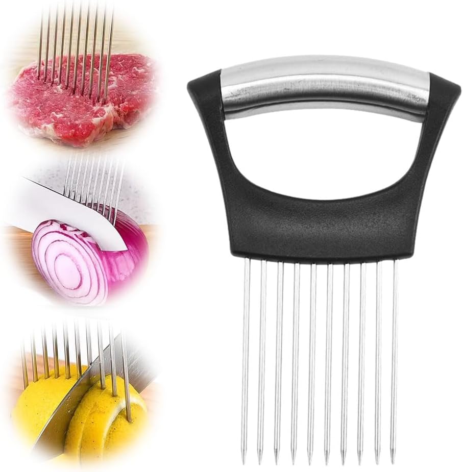 2025 New Onion Holder for Slicing, Stainless Steel Onion Slice Holder Vegetable Slicer Cutter for Potato and Tomato, Kitchen Chopper Slicing Assistant Tool Lemon Slicer Onion Cutter for Slicing (1PC)