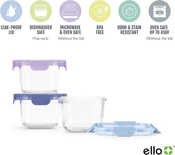 Ello Color Lock 2 Cup 6PC, 3 Pack Glass Meal Prep Sets Leak-Proof Glass Food Storage Containers with Airtight BPA-Free Plastic Lids, Dishwasher, Microwave, and Freezer Safe, Purple Rain