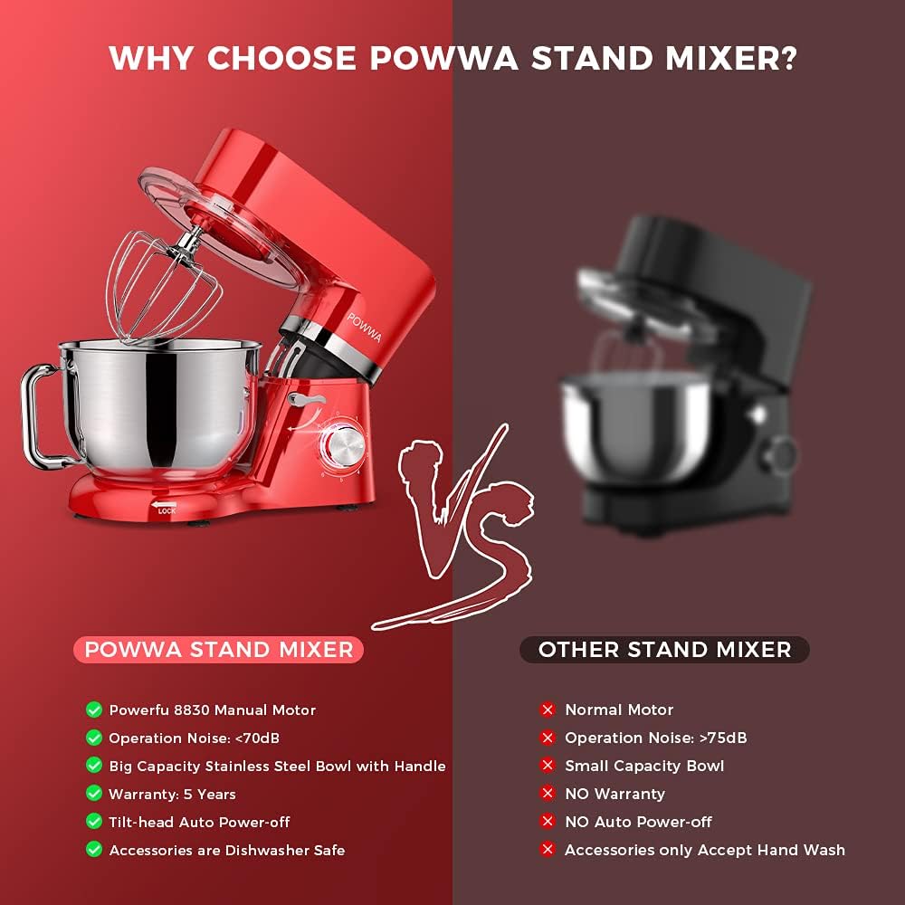 Stand Mixer, POWWA 7.5 QT Electric Mixer, 6+P Speed 660W Household Tilt-Head Kitchen Food Mixers with Whisk, Dough Hook, Mixing Beater & Splash Guard for Baking, Cake, Cookie, Kneading (Red)