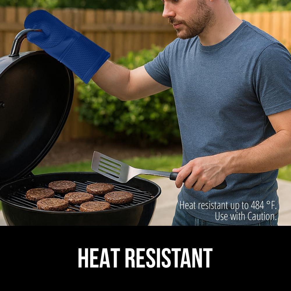 GORILLA GRIP BPA-Free Soft Silicone Oven Mitts, 14.5x8.3, Heat Resistant and Waterproof Cooking Gloves, Thick Cotton Lining, Flexible Gripping for Baking Grilling, Kitchen Potholders Set of 2, Blue