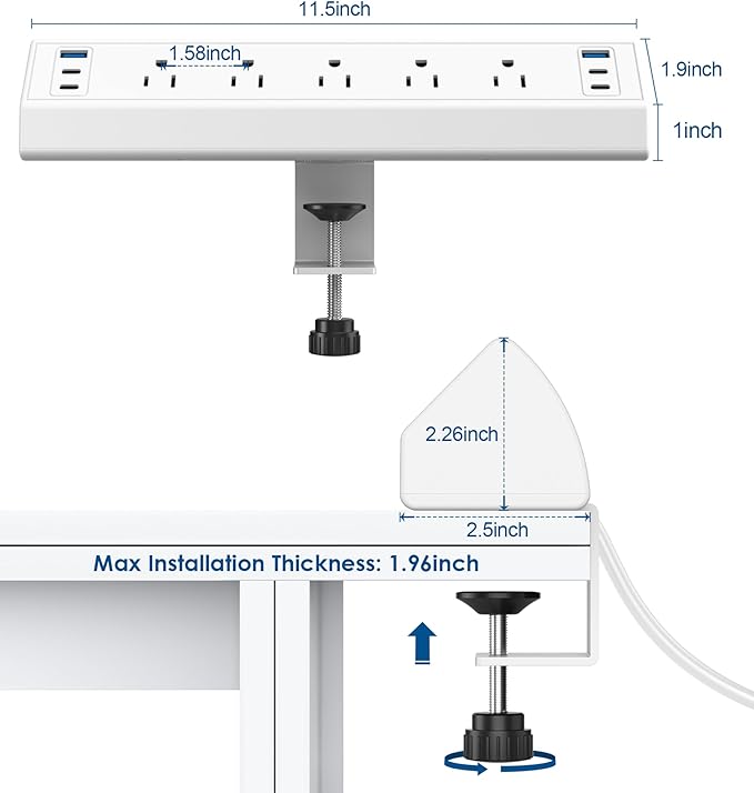 Jgstkcity Desk Clamp Power Strip USB C,40W Total Fast Charging Station,4 PD 20W USB C Ports,Desk Edge Mount Surge Protector,5 Outlets,Fit 1.96" Tabletop Edge,ETL Listed,White