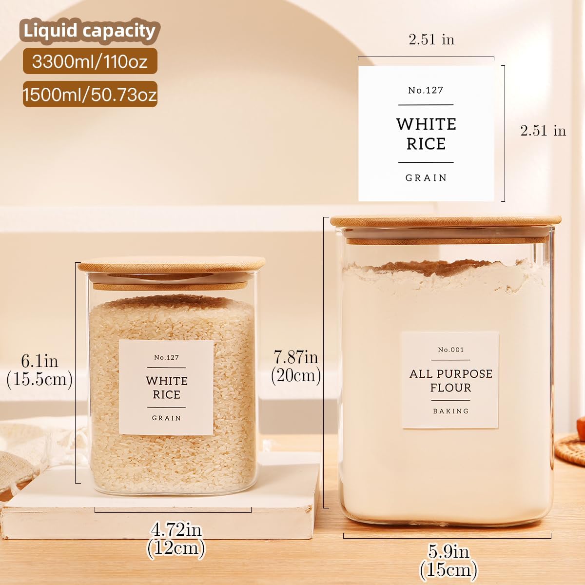 2 Pack large Square Glass Flour and Sugar Containers with 132 Kitchen Pantry Labels - 110 floz & 51 floz - Glass Jars with Airtight Bamboo Lid - Glass Rice Canisters for Coffee, Pasta, Cookie, Cereal