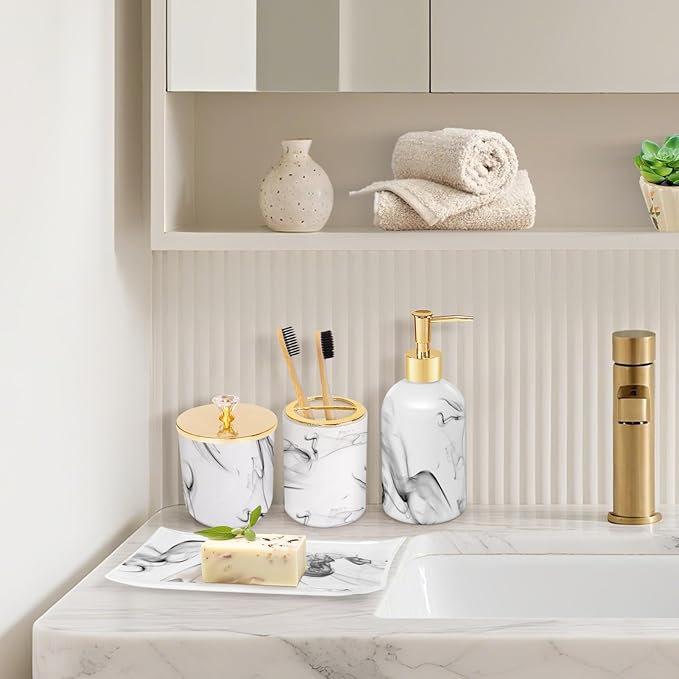 Haturi Bathroom Accessories Set, 4 Pcs Marble Look Sets Soap Dispenser & Toothbrush Holder Counter Top Restroom Apartment Decor Stuff, Glass Kits, Gift for Women and Men, Ink White