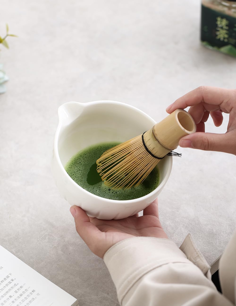 TANG PIN Matcha Set - Match Bowl and Whisk,15 OZ, Matcha Scoop | Matcha Whisk Stand (Chasen Holder) - 4pc Perfect Matcha Kit for Matcha Tea Ceremony (White)